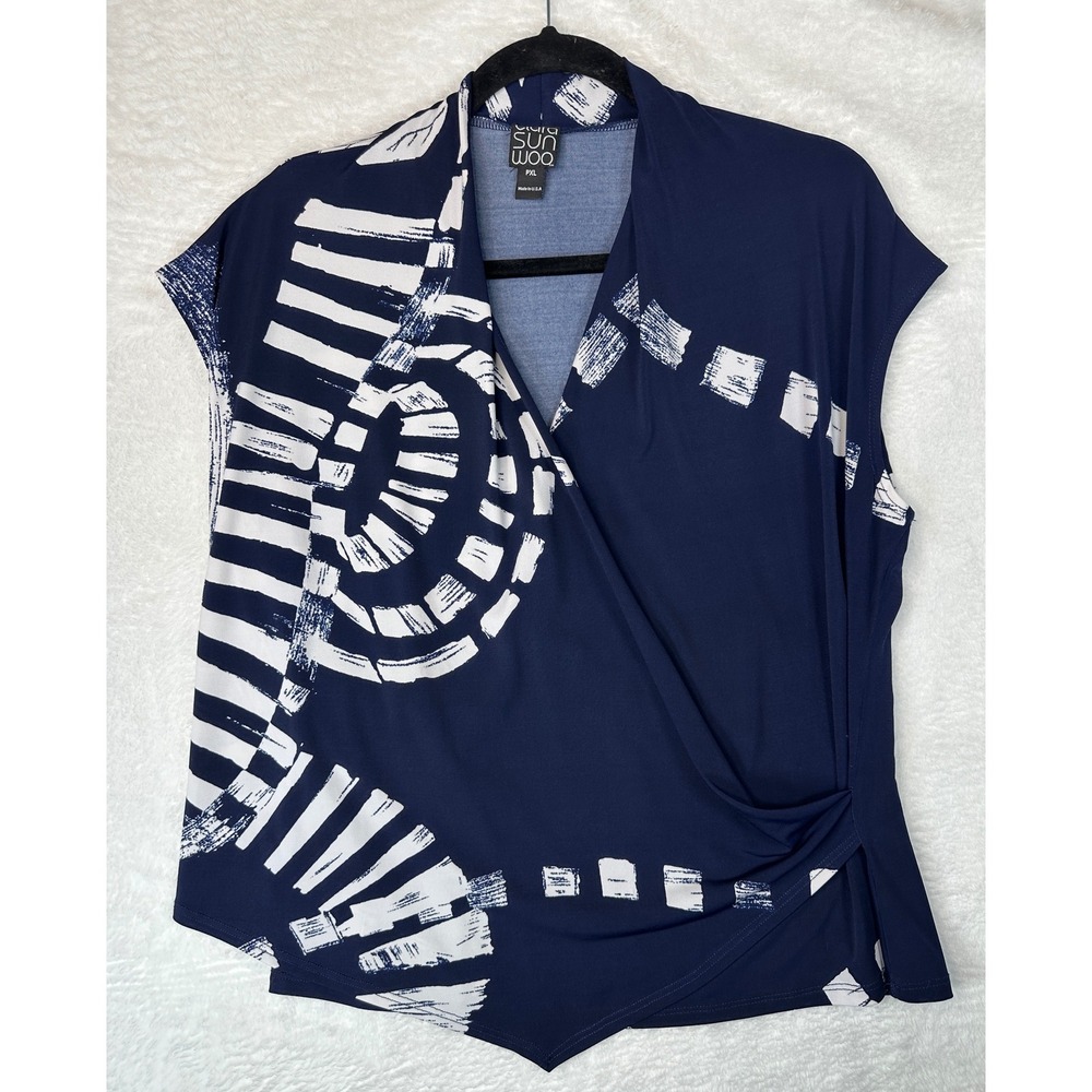 Clara Sunwoo Faux Wrap Top Women PXL Navy Blue White Abstract Geometric Print